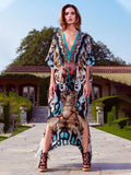 Solid Plus Size Long Kaftan Casual V-Neck Robe Summer Batwing Sleeve Woman Clothing Side Split Beachwear Maxi Dress Q1383