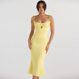 Summer Women Spaghetti Strap Mermaid Dress Lady Sexy Sleeveless Backless Solid Color Sheath Mermaid Dress Vestidos SS205