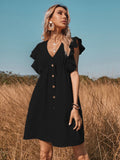 V-Neck Button A-Line Dress Solid High Street Ruffled Sleeveless Mini Dresses Casual High Waist Holiday Beach Dresses A1173