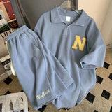 Momentlover  -  Summer Oversize Casual Fashion tracksuit Loose Waffle Suit Men Loose Short-sleeve tshirt + Sports Shorts Letter Print 2pcs Set