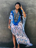 Solid Plus Size Long Kaftan Casual V-Neck Robe Summer Batwing Sleeve Woman Clothing Side Split Beachwear Maxi Dress Q1383
