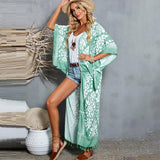 Printed Fringed Long Kimono Dress Bikini Wrap Cover-Ups Plus Size Women Summer Clothes Beach Wear Swim Suit Cover Up A1098