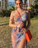 Weird Puss Mesh Print Dress Women Side Split Backless Lace Up Sleeveless Sundress Stretch Skinny Party Vacation Coquette Outfit