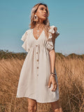 V-Neck Button A-Line Dress Solid High Street Ruffled Sleeveless Mini Dresses Casual High Waist Holiday Beach Dresses A1173