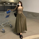 themeisles Spring  New Hepburn Style Gentle Temperament Pocket Waist Slim Panel Large Hemline Long Sleeve Dress