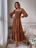 Back to School Vintage Square Neck Midi Dress Long Sleeve Ruffle A Line Robe High Waist Elasticity Commuter Office Lady Casual Long Dresses