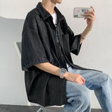 Momentlover  -  Told Tale Men's Wavy Grain Pleated Blouse Lapel Short Sleeve Streetwear Casual Male Loose Leisure Solid Shirts Men Clothing