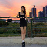 Y2K Women Black Dress Hollow Out Spaghetti Strap  Lace Up Night Club Party Sexy Bodycon Mini Dress  Summer Casual Dresses