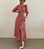 Summer Floral Print Dress for Women V-Neck Vintage French Style Puff Sleeve Boho Long Maxi Dress Urban Retro Vestidos Mujer