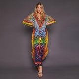 Quick-Drying Bohemian Printed Loose Summer Beach Dress Moroccan Kaftan Women Plus Size Beachwear Tassel Midi Dress Q897