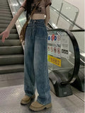 themeisles Retro Blue Distressed Korean Version High-waisted High-straight Design Loose Jeans