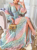 Sexy Leopard Dress Plus Size  Spring/Autumn Women Long Lantern Sleeve Club Party Evening Dress Maxi Dresses Vestidos A953