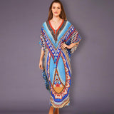 Printed Summer Holiday Dress Blue Tunic Women Beach Wear Kaftan V-Neck Bats Sleeve Maxi Dress Robe Q956