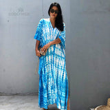 Printed V-Neck Batwing Sleeve Side Split Loose Dress For Women Clothes Plus Size Beachwear Maxi Dress Q1218