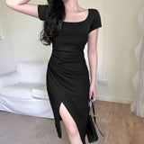 Woman Spring Summer Style Bodycon Dress Female Sexy Short Sleeve Square Collar Split Sheath Dress Vestidos SS087