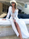 Sexy Hollow Out White  Summer Dress Beach Tunic Women Beachwear Long Sleeve Front Open Self Belted Maxi Dresses Q964