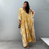 Printed V-Neck Batwing Sleeve Side Split Loose Dress For Women Clothes Plus Size Beachwear Maxi Dress Q1218