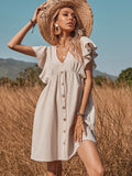 V-Neck Button A-Line Dress Solid High Street Ruffled Sleeveless Mini Dresses Casual High Waist Holiday Beach Dresses A1173