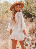 White Lace Tunic Sexy Deep V Neck Button Bikini Cover-Ups Women Clothes  Summer Sexy Ruffles Long Sleeves Mini Dress A1132