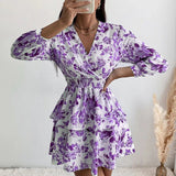 Back to School Women's Sexy V Neck Long Sleeve Mini Dress Boho Floral Print High Waist Elegant Women Clothing Ruffle Office Party Dresses Robe