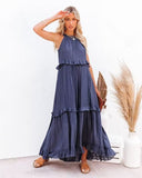 Sexy Blue Ruffled Halter Neck Sleeveless Maxi Dress Casual Women Summer Clothes Streetwear Sundress Vestido De Mujer A1228