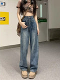 themeisles Retro Blue Distressed Korean Version High-waisted High-straight Design Loose Jeans