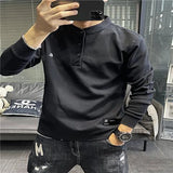Momentlover  -  Stylish Solid Color Letter Embroidery Korean T-Shirt Men's Clothing Autumn New Oversized Casual Pullovers Loose Tee Shirt