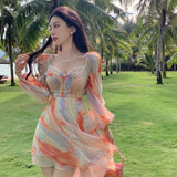 Elegant Tie Dyed Rainbow Gradient  Beach Style Back Hollow Out Summer Dresses for Women Square Collar From 40 To 45"