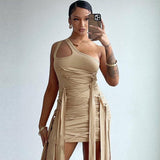 New Solid Color Sexy One-shoulder Strap Skinny High-waisted Hip Wrap Bodycon Dress Fringed Irregular Mini Dresses