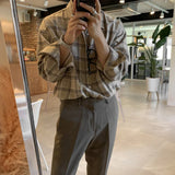 Momentlover  -  Men Casual Plaid Shirts Single Breasted Long Sleeve Loose Blouse Male Korean Chic Streetwear Fashion All-match Outwear BF