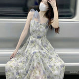 Geuxml   Elegan Casual Midi Strap Dress Y2k Fashion Women Summer Vintage Boho Flowers Print Beach Princess Dresses Harajuku Vestidos