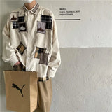 Momentlover  -  Men New Chinese Style Pure Cotton Printed Lapel Single-breasted Shirt Long-sleeved Trendy Loose and Versatile Shirt White
