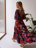 Floral Printed V-Neck Short Sleeve Self Belted Cotton Dress Tunic Women Summer Clothes Street Wear Maxi Dresses A1341