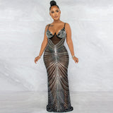 Sparkly Diamond Long Dress  Summer Women Sleeveless Spaghetti Strap Party Dresses Sexy Backless See Through Mesh Maxi Dress