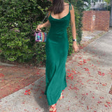Sexy Spaghetti Strap Metal Zipper Back Open Satin Maxi Dress Long White Tunic Women Summer Clothes Elegant Party Dresses A1335