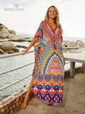 Quick-Drying Bohemian Printed Loose Summer Beach Dress Moroccan Kaftan Women Plus Size Beachwear Tassel Midi Dress Q897