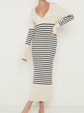Women Knitted Long Dress Long Sleeve Deep V Neck Striped Dress Slim Fit Spring Autumn Female Vestidos Streetwear