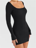 Women Knitted Ribbed Party Mini Dress Solid Long Sleeve Square Neck Dress Short Party Female Vestidos Streetwear