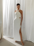 Back to School Lichi Dress  New Summer Halterneck Cutout Slim Maxi Dress Backless Long Tight High Slit Premium Ladies Party Evening Dresses