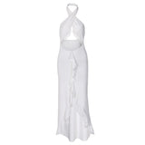 Halter Tassel Sexy Dress Women Maxi Solid Hollow Split Backless Ruffles Bodycon Coquette Party Stretch Skinny Outfit