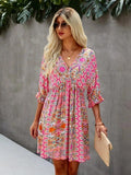 Back to School Summer Comfortable Leisure Dresses V-neck Above Knee Mini Casual Floral Empire Pullover Cotton Three Quarter Women's Clothing