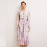 Purple Tie Dyed Spring Fall Dress Women Official Lady Maxi Dresses A-LINE Designer V-Neck Vintage Elegance Vestido De Mujer