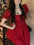 Red Even Party Dress Women Casual Short Sleeve Kawaii Lolita Mini Dress Female Autumn Elegant Vintage Dress Korean Fashion