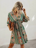 Back to School Summer Comfortable Leisure Dresses V-neck Above Knee Mini Casual Floral Empire Pullover Cotton Three Quarter Women's Clothing