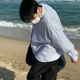 Momentlover  -  Man Stylish Button Blouse Simple Striped Long Sleeve Summer Spring Cardigan Stripe Blue Classic Casual Oversize Button Up Shirts