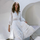Sexy Hollow Out White  Summer Dress Beach Tunic Women Beachwear Long Sleeve Front Open Self Belted Maxi Dresses Q964