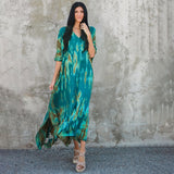 Printed V-Neck Batwing Sleeve Side Split Loose Dress For Women Clothes Plus Size Beachwear Maxi Dress Q1218