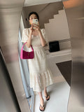 Lace Floral Printed Fashion Chic Satin Vintage Woman Bodycon Dress Square Collar Short Sleeve Hollow Out Vestido De Mujer