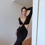 Black Friday Sales  Summer  Backless Cutout Maxi Dress Club Party Outfits For Women Long Sleeves Black Elegant Straps Prom Dresses Casual