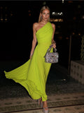 Back to School One Shoulder Green Pleated Maxi Dress Summer Women Sleeveless Cinched Waist Solid Color Elegant Party Evening Dresses